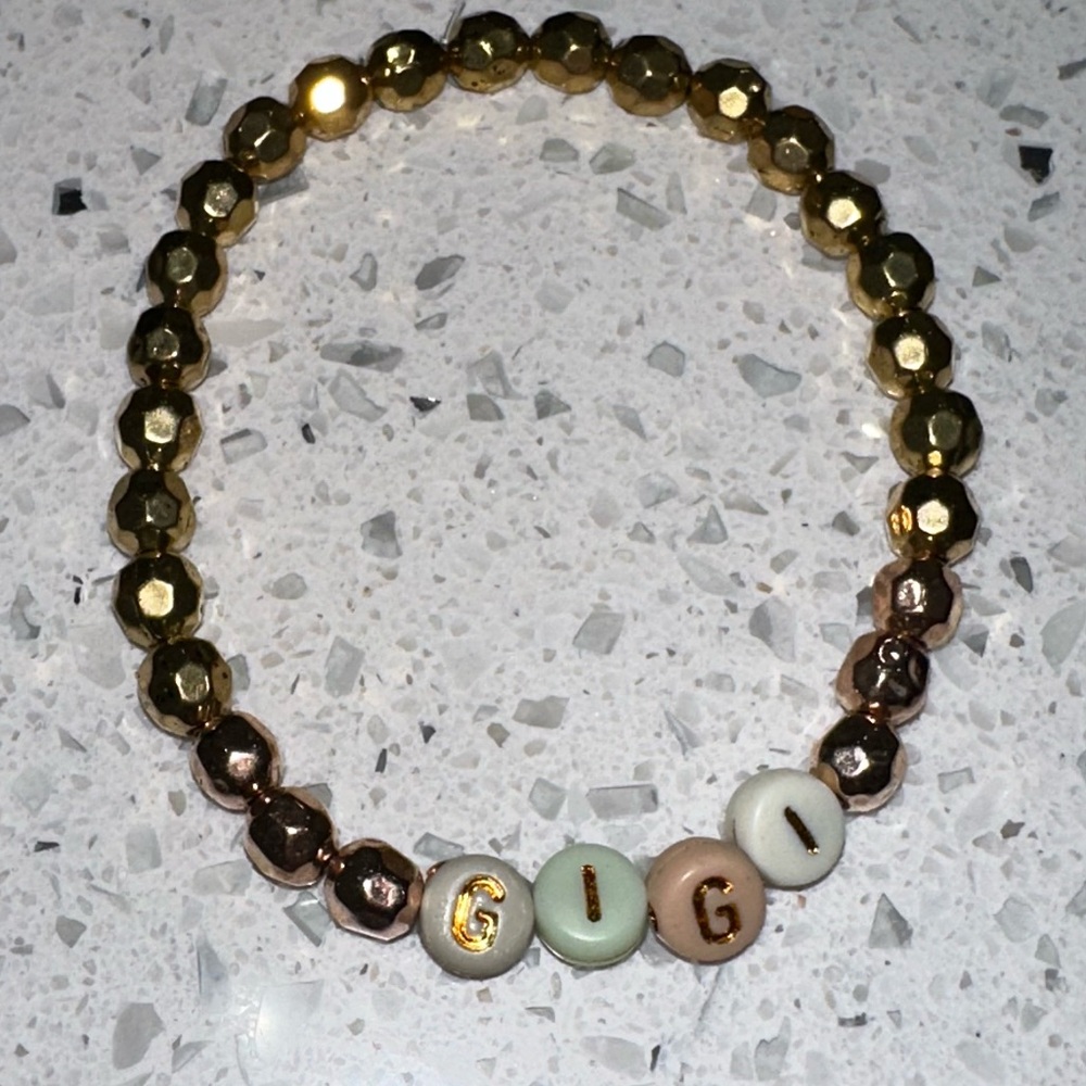 Gigi Stretch Bracelet – Gold & Rose Gold Faceted Beads with Pastel Letter - Picture 4 of 4